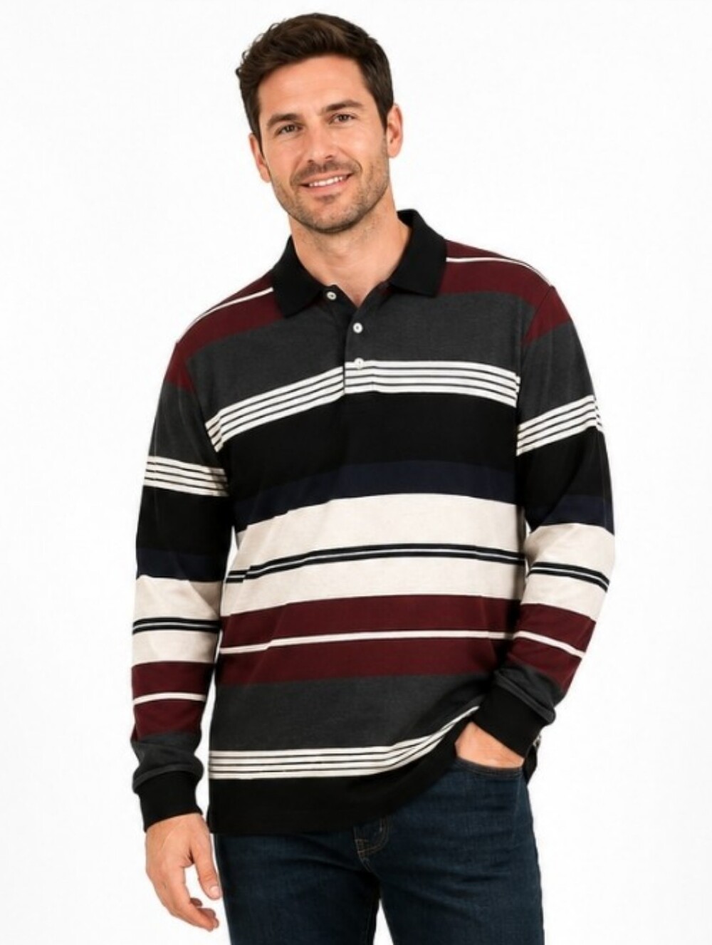 Chaps Men's Rugby Polo Shirt Striped Long Sleeve Collared Cotton Casual XL